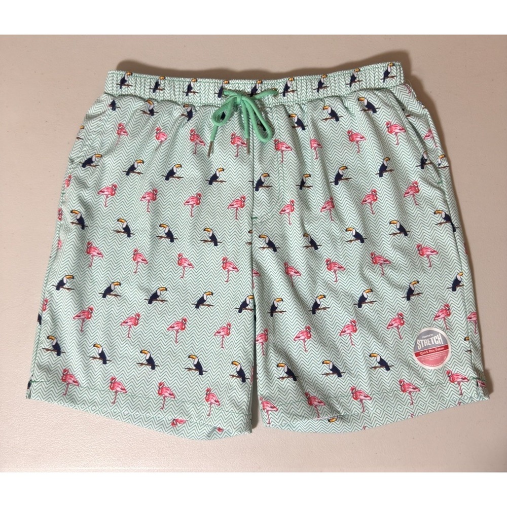 NWT Mosmann Australia Swim Shorts Trunks Men's Large Teal Flamingo/Toucan Print